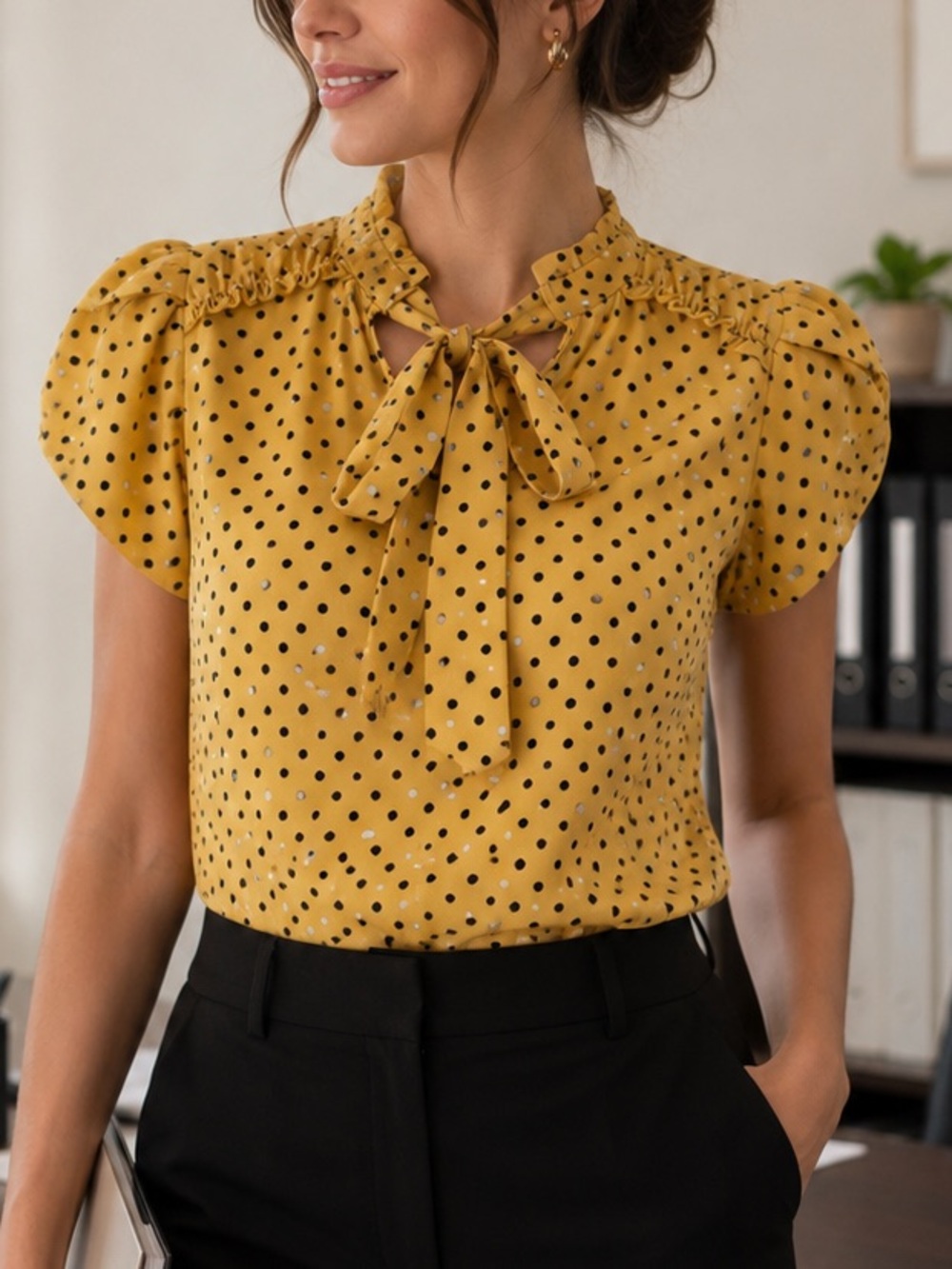 Haute Monde Mustard Polka Dot Tie-Neck Blouse